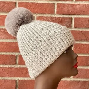 Norla Canada Wool Alpaca Blend Ribbed Knit Pom Cuffed Grey Beanie O/S NWOT